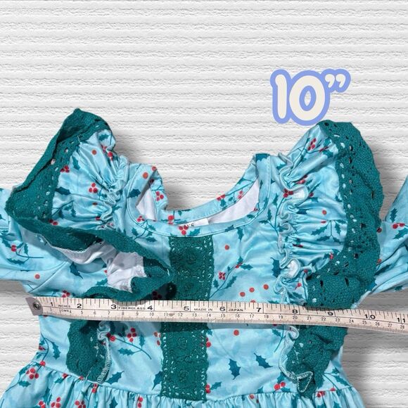 Girls Christmas Holly Print Ruffle Dress 2T Green Red Holiday Long Sleeve - Picture 3 of 6